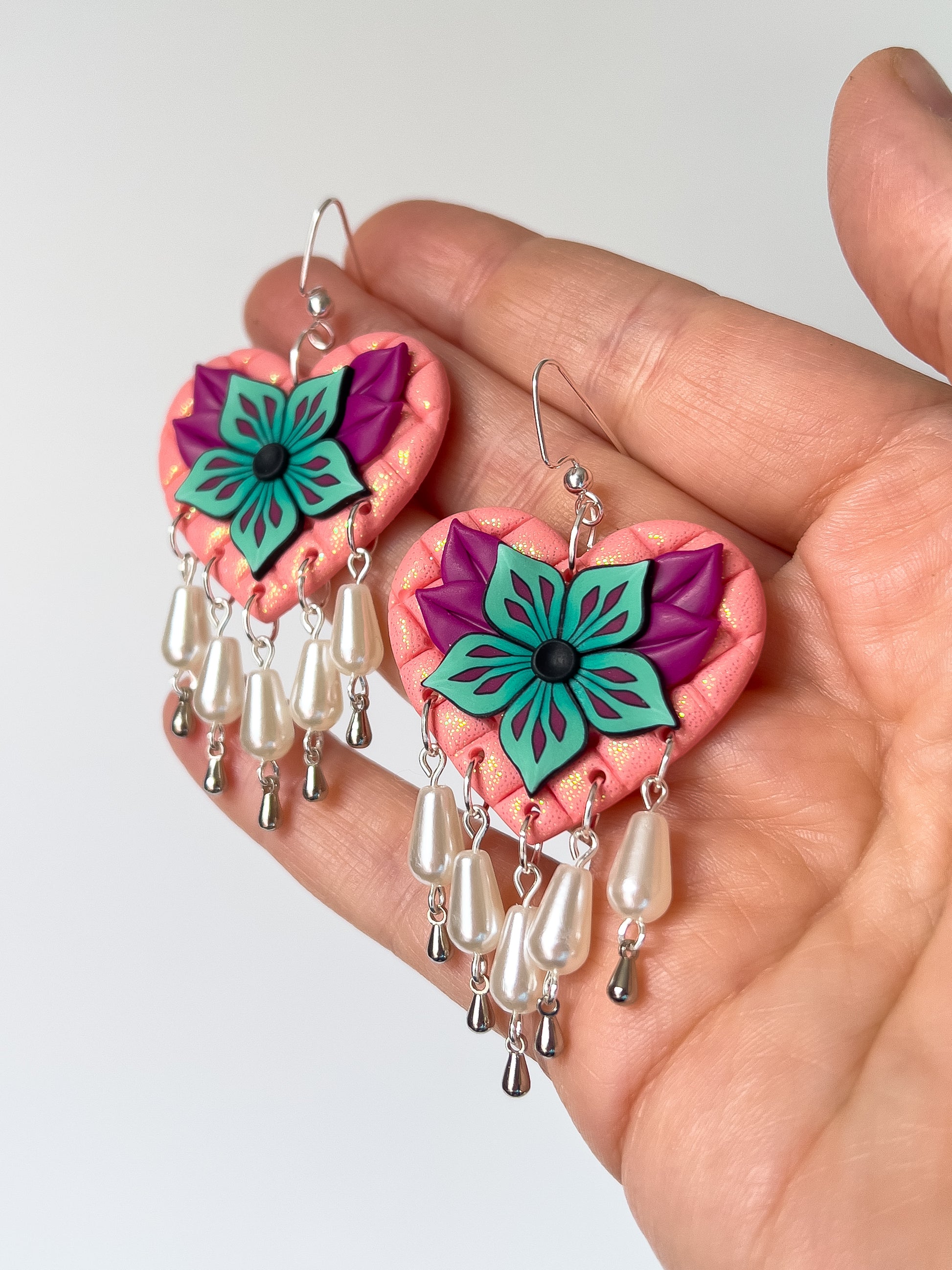 Teal and Pink Luxe Heart Dangles - BlueBassoon Handmade