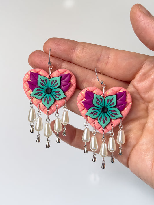 Teal and Pink Luxe Heart Dangles - BlueBassoon Handmade