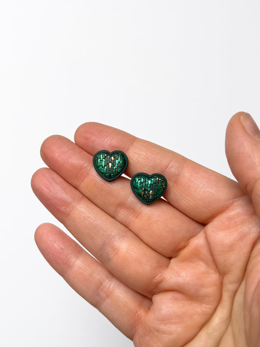 Green Bargello Heart Studs