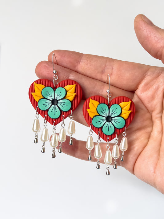 Red and Teal Luxe Heart Dangles - BlueBassoon Handmade
